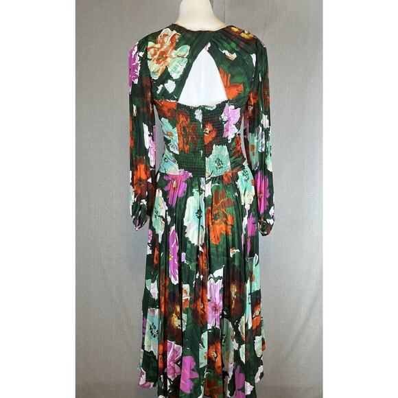 Anthropologie Size 6 Maeve Pleated Long Dress V Neck Green Floral Wedding Date - Picture 9 of 16